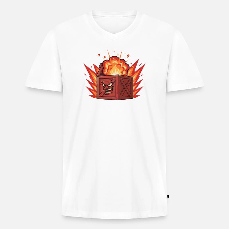 Explodierende Holzkiste mit grimmigem Gesicht - Männer Premium Bio T-Shirt mit V-Ausschnitt - Weiß