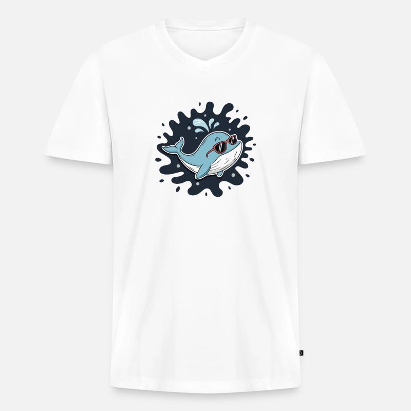Chill Whale mit coolen Gläsern - Männer Premium Bio T-Shirt mit V-Ausschnitt - Weiß