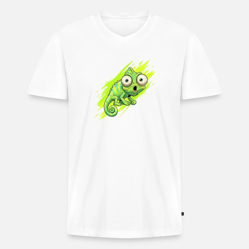 Neon Chamäleon Spritzer - Männer Premium Bio T-Shirt mit V-Ausschnitt - Weiß