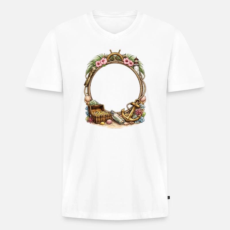 Maritimer Rahmen mit Schatz und Anker - Männer Premium Bio T-Shirt mit V-Ausschnitt - Weiß