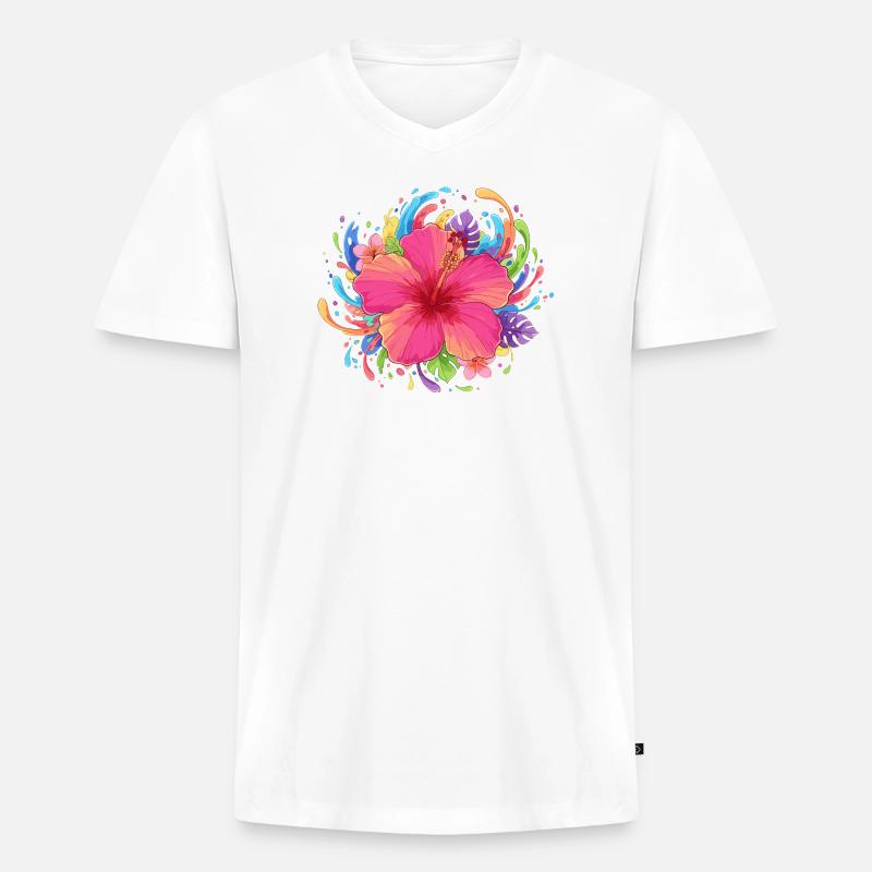 Hibiskusblüte Farbexplosion - Männer Premium Bio T-Shirt mit V-Ausschnitt - Weiß