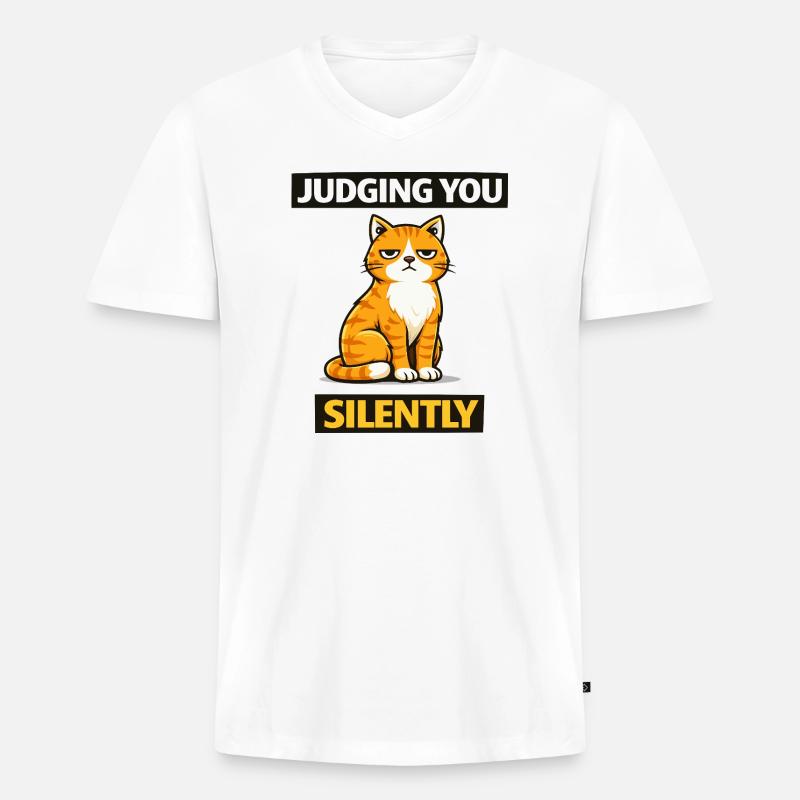 Sarkastische Katze "Urteilt dich schweigend" - Männer Premium Bio T-Shirt mit V-Ausschnitt - Weiß