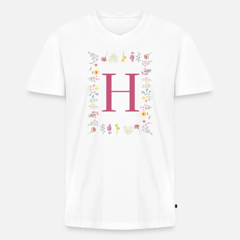 Florale Initialen "H", Buchstaben Monogramm - Männer Premium Bio T-Shirt mit V-Ausschnitt - Weiß