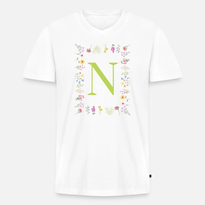 Florale Initialen " N ", Buchstaben Monogramm  - Männer Premium Bio T-Shirt mit V-Ausschnitt - Weiß