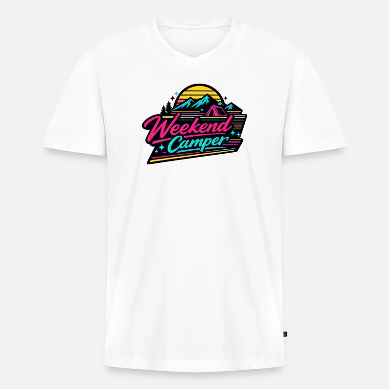 Weekend Camper Neon Retro - Männer Premium Bio T-Shirt mit V-Ausschnitt - Weiß
