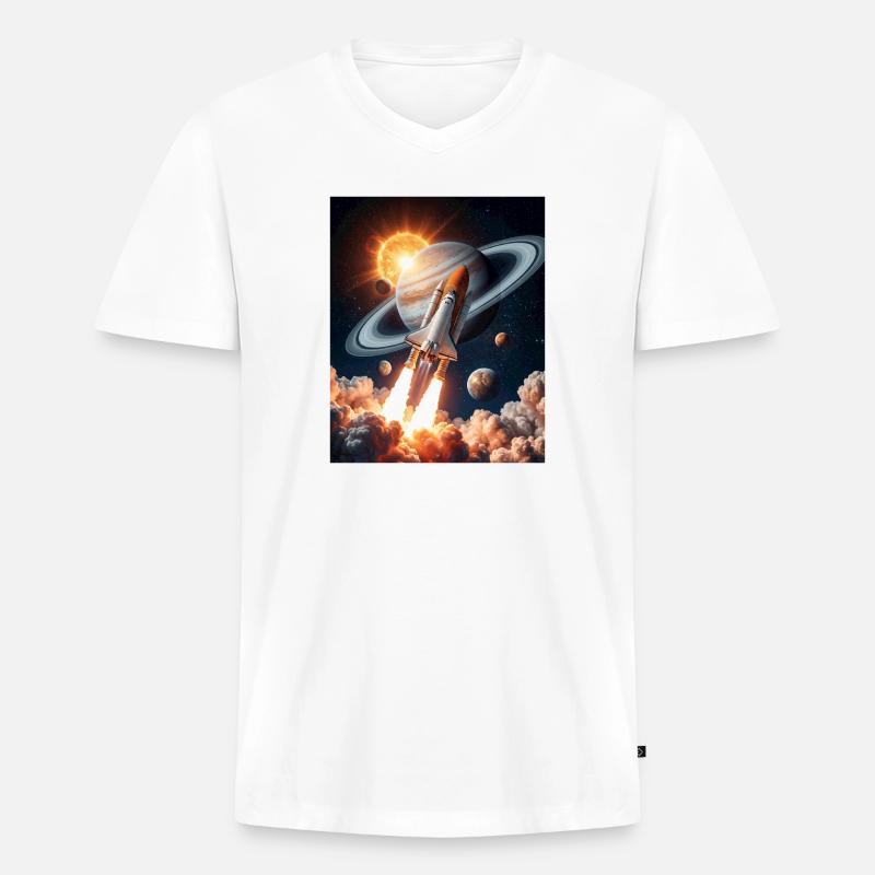 Rakete durch Saturnringe im Weltraum - Männer Premium Bio T-Shirt mit V-Ausschnitt - Weiß
