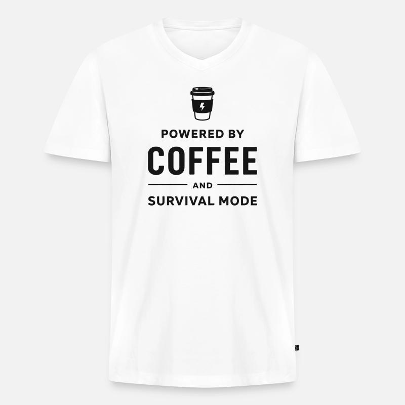 Powered by Coffee and Survival Mode - Männer Premium Bio T-Shirt mit V-Ausschnitt - Weiß