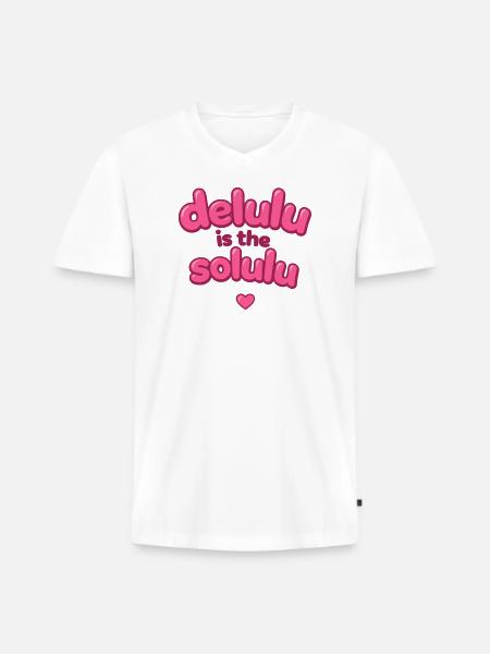 Delulu Pink Bubble Text - Männer Premium Bio T-Shirt mit V-Ausschnitt - Weiß