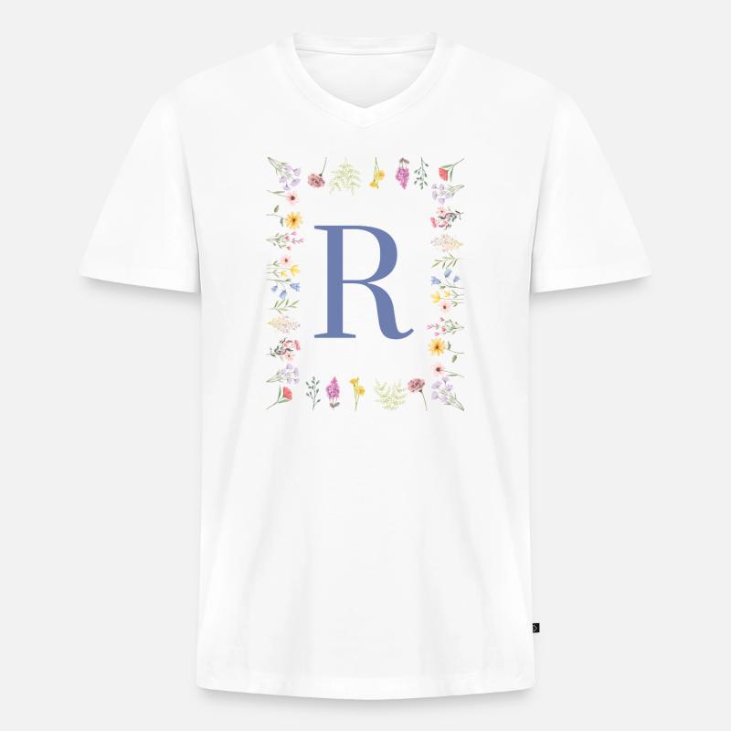 Floral Initialen "R", Buchstaben Monogramm - Männer Premium Bio T-Shirt mit V-Ausschnitt - Weiß