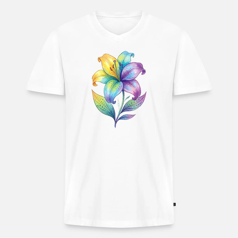 Dipinto ad acquerello con giglio arcobaleno - Maglietta ecologica premium da uomo con scollo a V - bianco