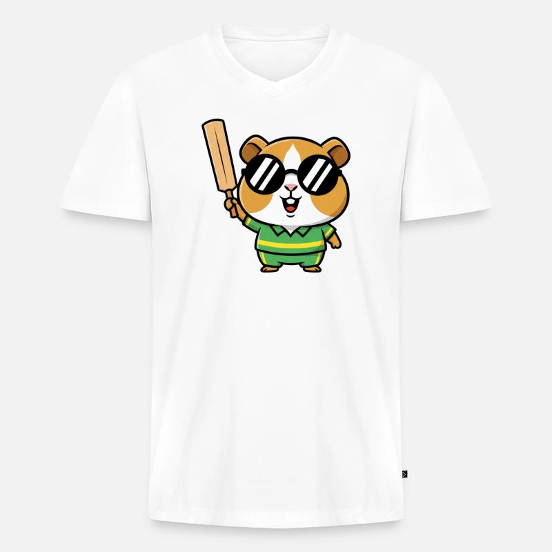 Cooler Hamster Mit Cricket Schlaeger - Männer Premium Bio T-Shirt mit V-Ausschnitt - Weiß