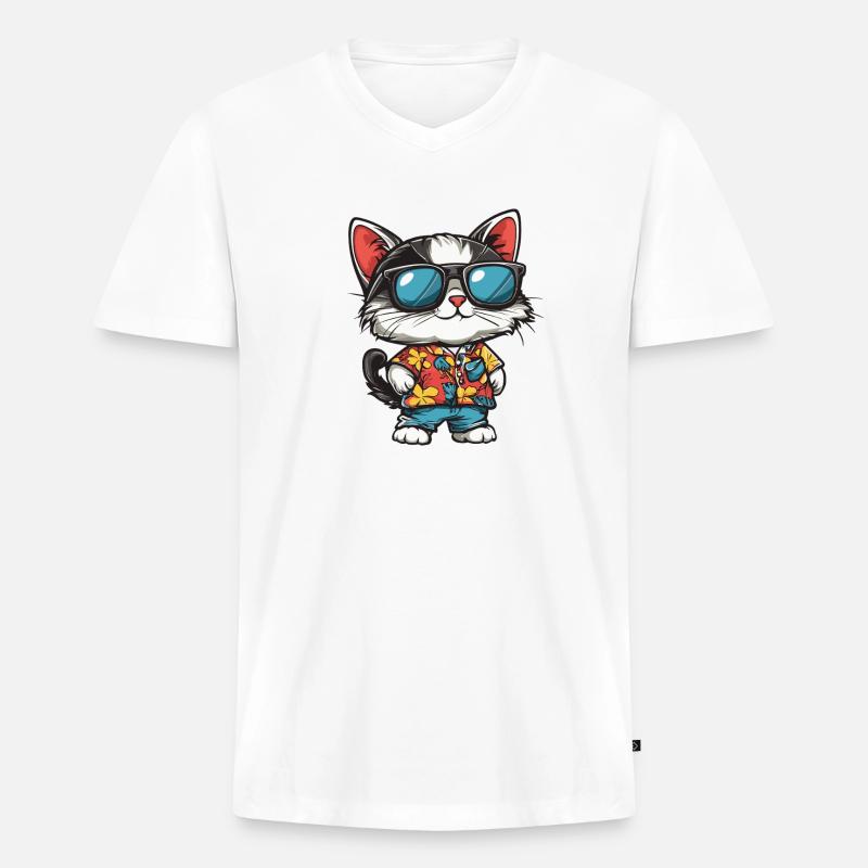 Katze Comic Urlaub - Männer Premium Bio T-Shirt mit V-Ausschnitt - Weiß