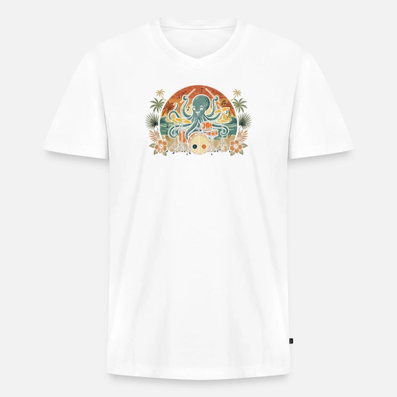 Tropischer Octopus-Drummer - Männer Premium Bio T-Shirt mit V-Ausschnitt - Weiß