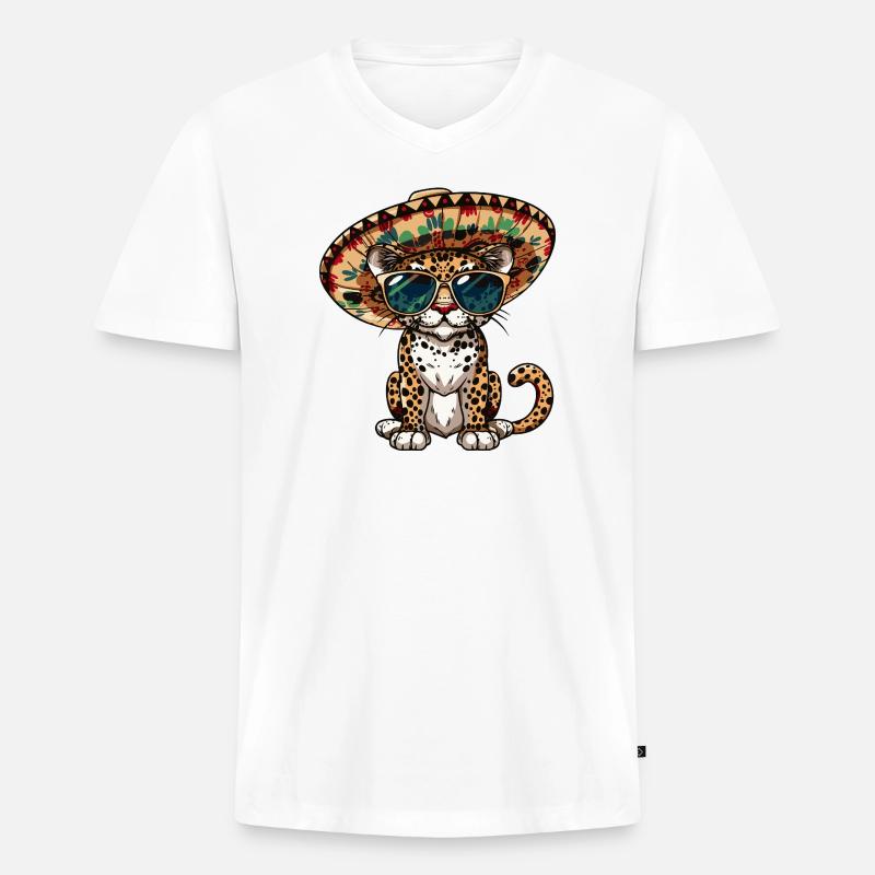 Leopard Comic Lustig Sombrero - Männer Premium Bio T-Shirt mit V-Ausschnitt - Weiß