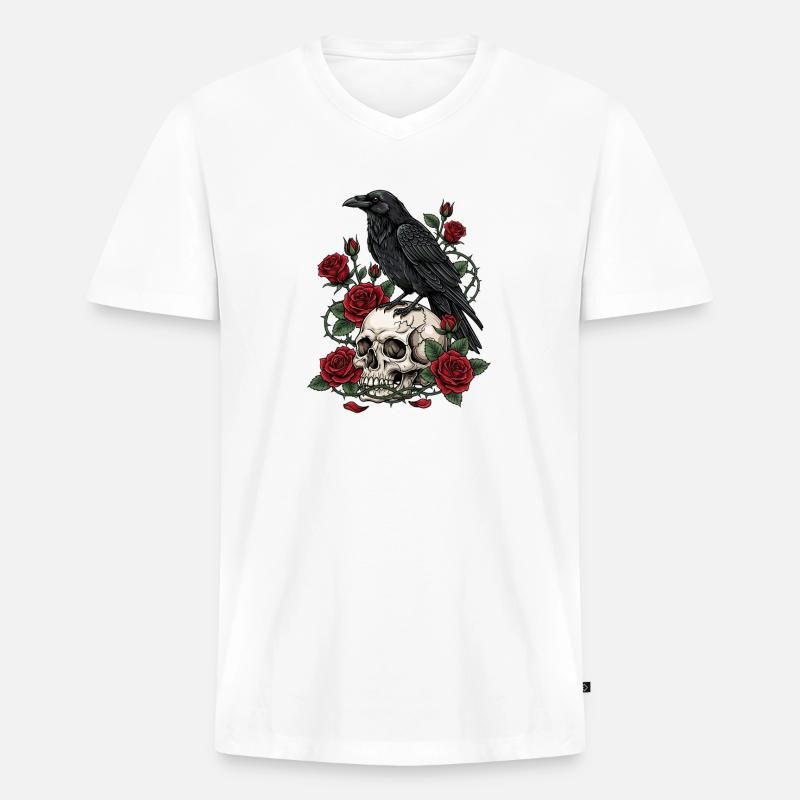 Mitternachtskrähe auf Totenkopfrosen - Männer Premium Bio T-Shirt mit V-Ausschnitt - Weiß