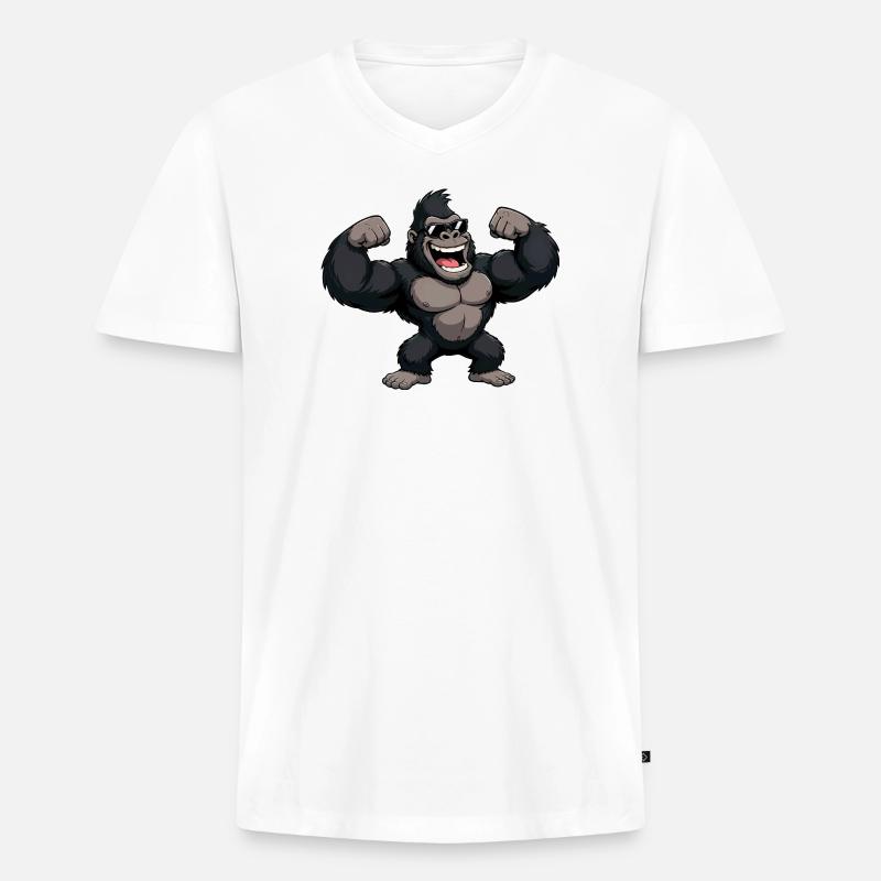 Gorilla Kraftheld mit Sonnenbrille - Männer Premium Bio T-Shirt mit V-Ausschnitt - Weiß