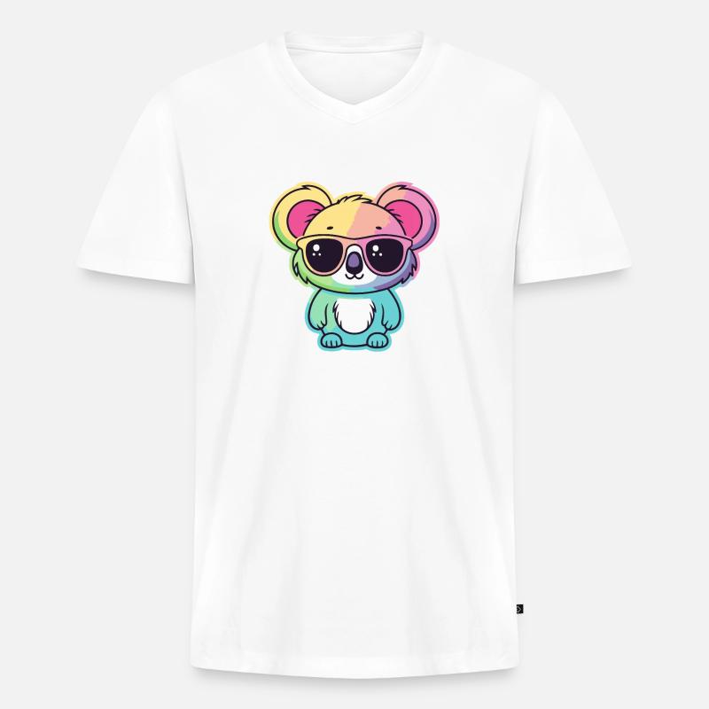 Regenbogen-Neon-Koala mit Brille - Männer Premium Bio T-Shirt mit V-Ausschnitt - Weiß