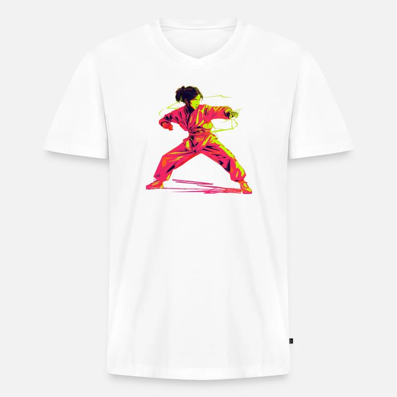 Karate Mädchen Retrowave - Männer Premium Bio T-Shirt mit V-Ausschnitt - Weiß