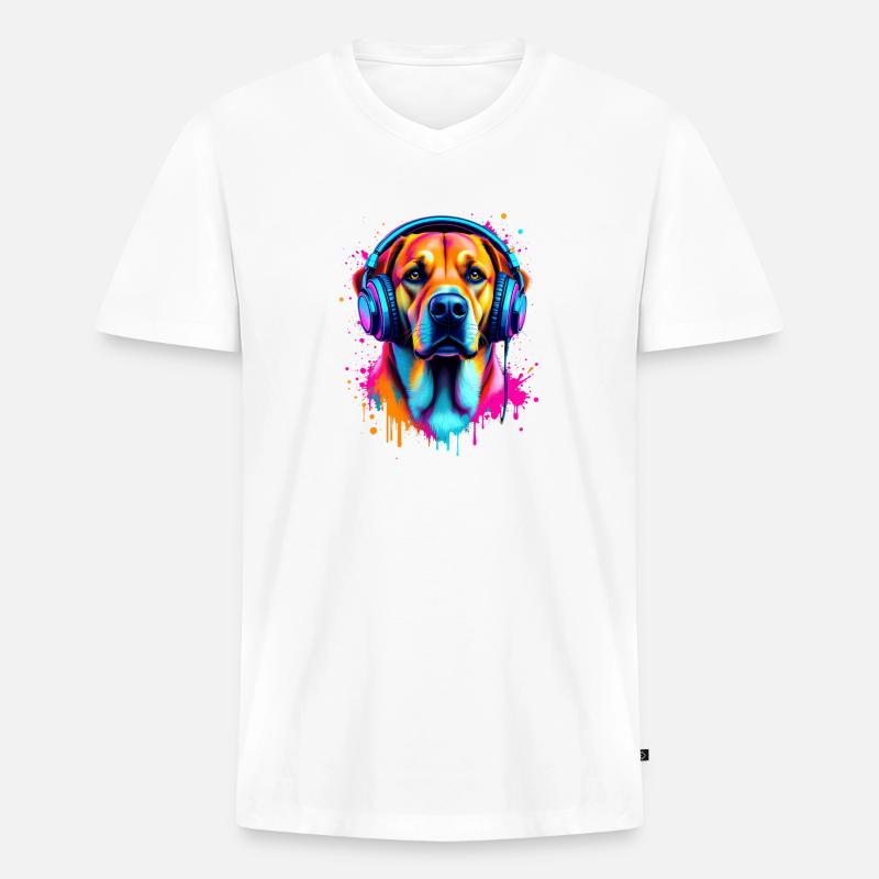 Labrador mit Kopfhörer - Männer Premium Bio T-Shirt mit V-Ausschnitt - Weiß
