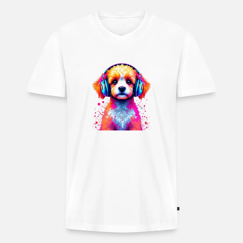 Pudel Kopfhörer - Männer Premium Bio T-Shirt mit V-Ausschnitt - Weiß