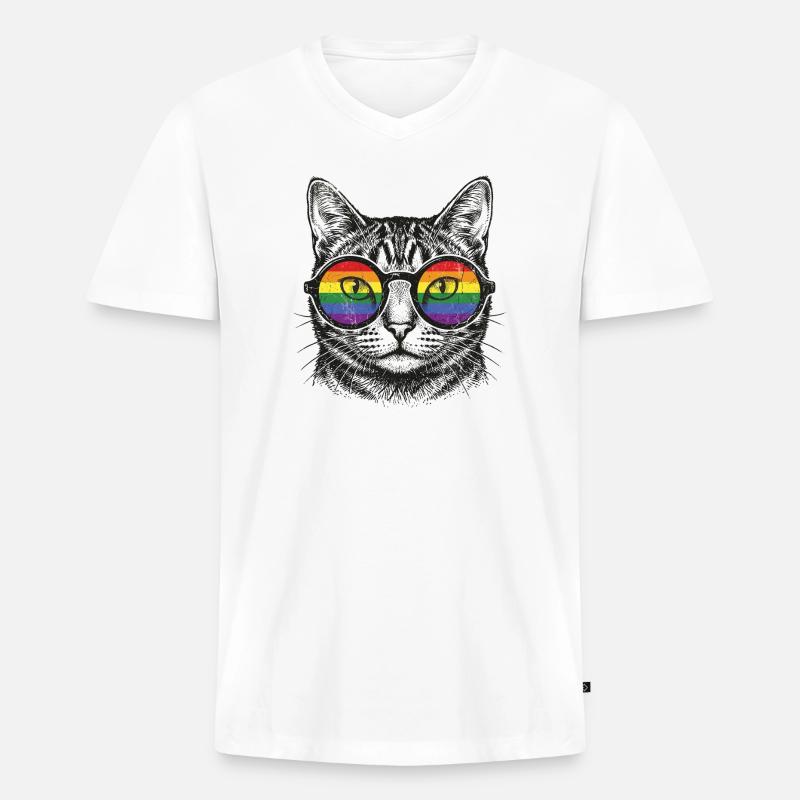 LGBT-Pride-Monat – Regenbogenkatze - Männer Premium Bio T-Shirt mit V-Ausschnitt - Weiß