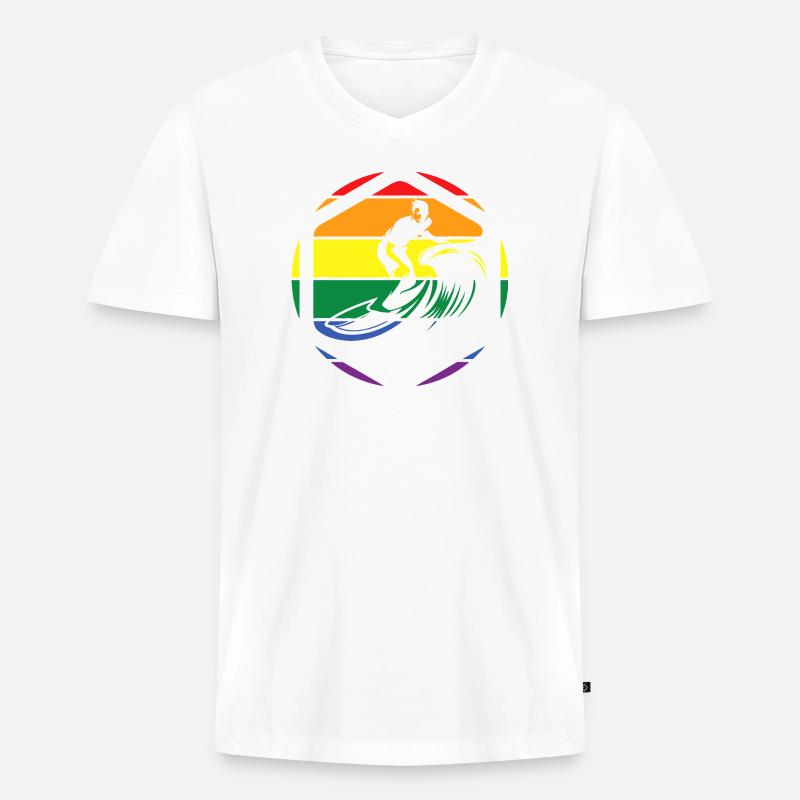 Rainbow Wave Surfer Circle - Männer Premium Bio T-Shirt mit V-Ausschnitt - Weiß
