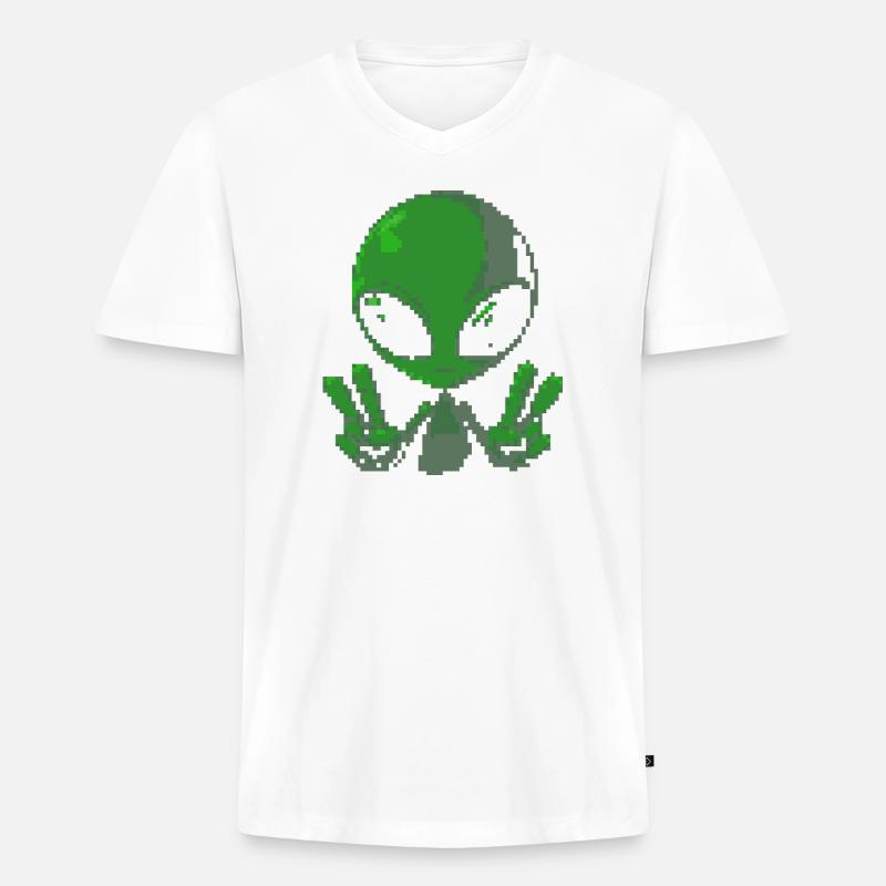 Pixel grünes Alien-Friedenszeichen - Männer Premium Bio T-Shirt mit V-Ausschnitt - Weiß