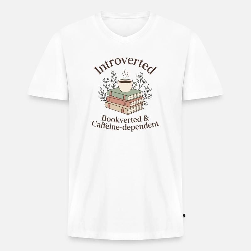 Introvertiert Bücher Kaffee Leseratte - Männer Premium Bio T-Shirt mit V-Ausschnitt - Weiß