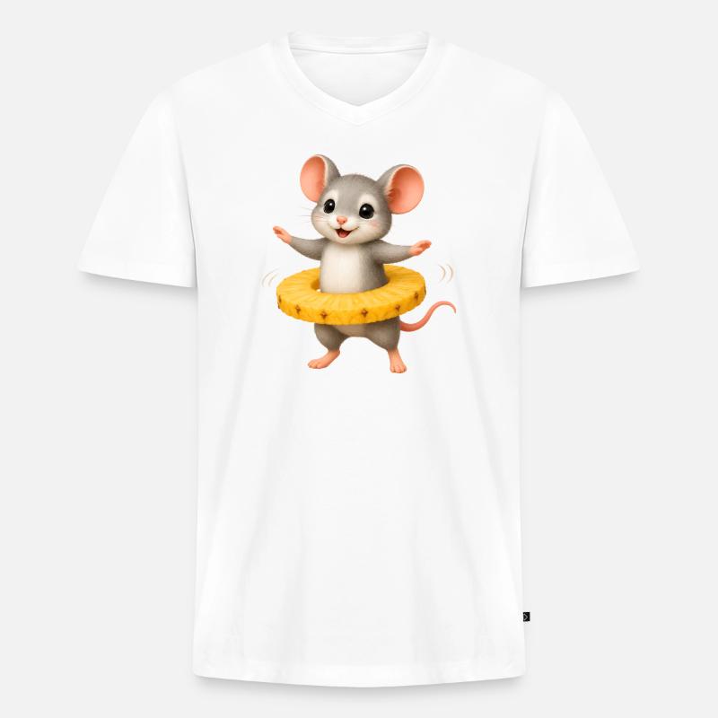 Fröhliche Maus mit Ananas Ring  - Männer Premium Bio T-Shirt mit V-Ausschnitt - Weiß