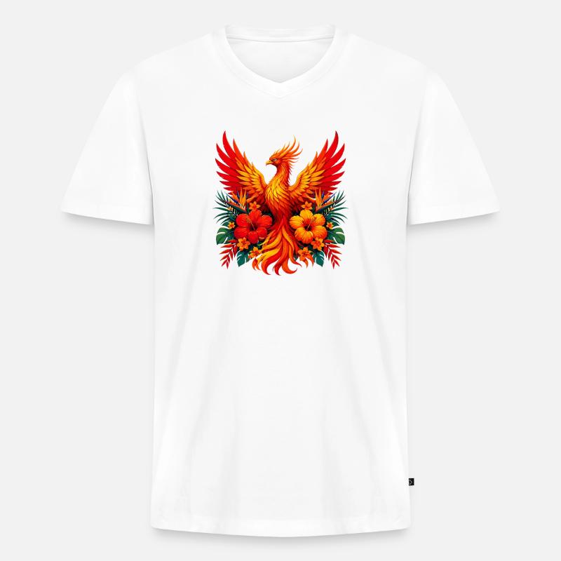 Flammenphönix mit Tropenblüten - Männer Premium Bio T-Shirt mit V-Ausschnitt - Weiß