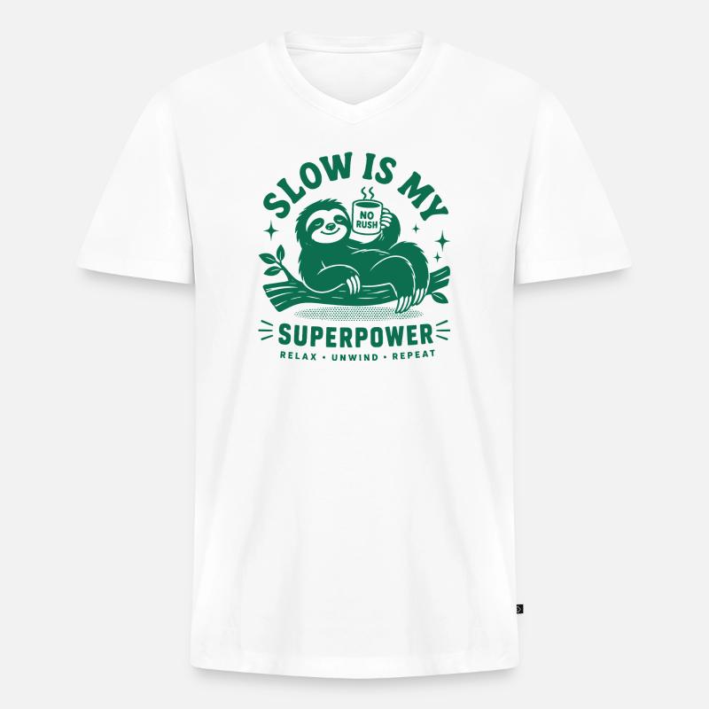 Slow Is My Superpower Sloth - Männer Premium Bio T-Shirt mit V-Ausschnitt - Weiß