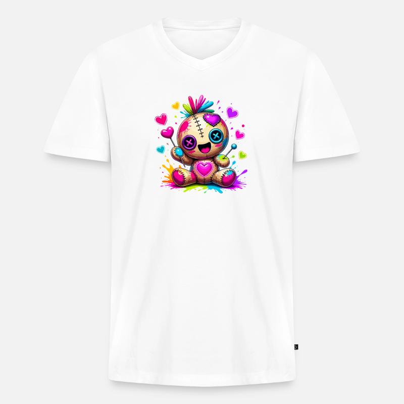 Patchwork-Kuscheltier mit Neonherzen - Männer Premium Bio T-Shirt mit V-Ausschnitt - Weiß