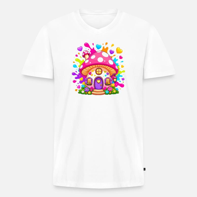 Märchenpilzhaus mit Herzfenstern - Männer Premium Bio T-Shirt mit V-Ausschnitt - Weiß