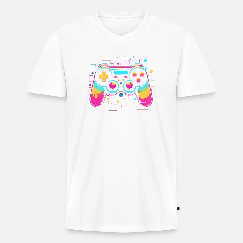 Game Controller Retrowave Look - Männer Premium Bio T-Shirt mit V-Ausschnitt - Weiß