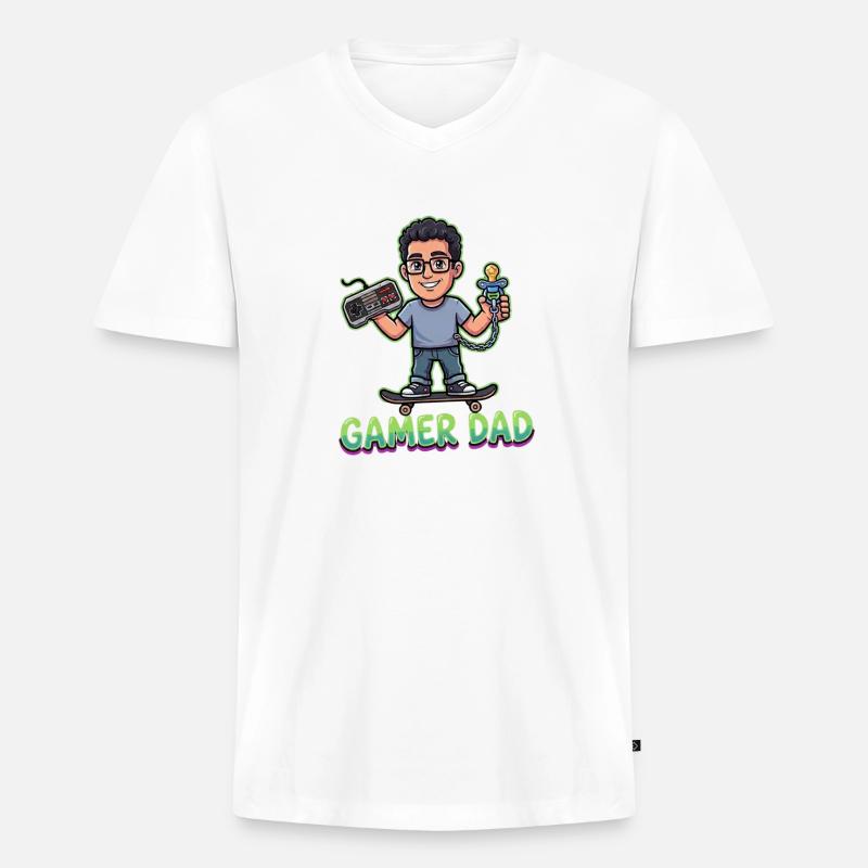 Gamer Dad Skateheld Controller - Männer Premium Bio T-Shirt mit V-Ausschnitt - Weiß