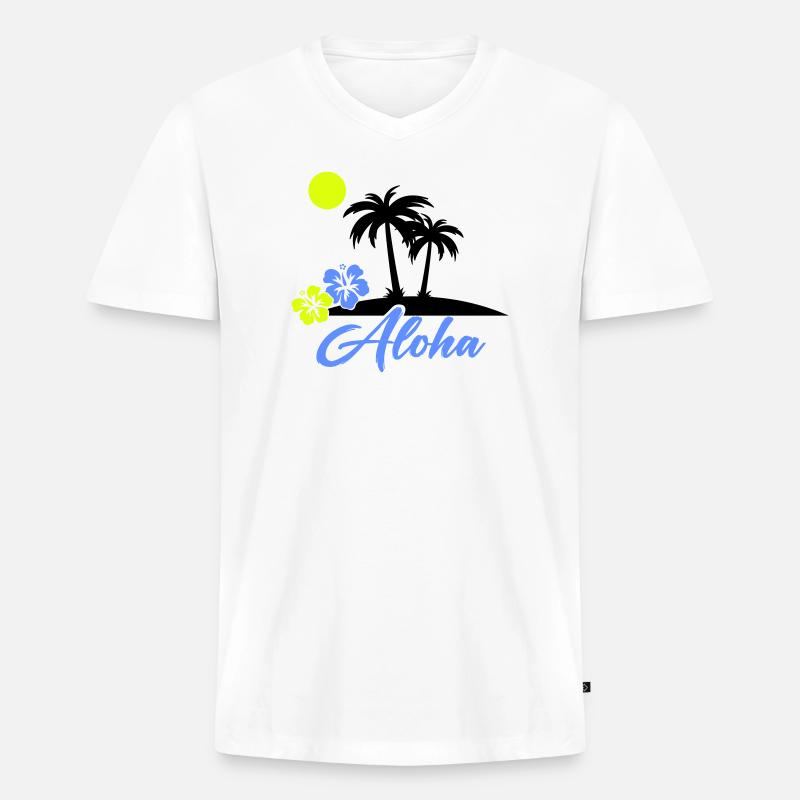 Aloha Hibiskus Neon Script - Männer Premium Bio T-Shirt mit V-Ausschnitt - Weiß