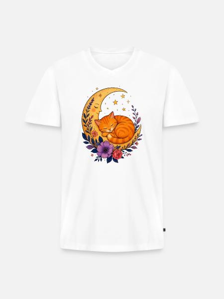 Mond Katze im Blütenmeer - Männer Premium Bio T-Shirt mit V-Ausschnitt - Weiß