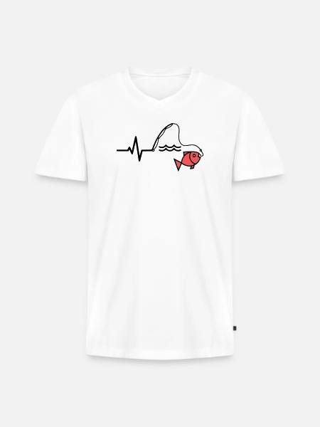 EKG Angelrute Fisch Outline - Männer Premium Bio T-Shirt mit V-Ausschnitt - Weiß