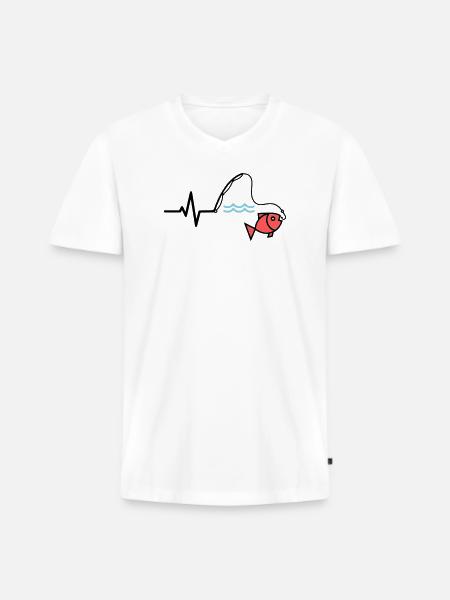 Puls Angelrute Fisch Farbig - Männer Premium Bio T-Shirt mit V-Ausschnitt - Weiß