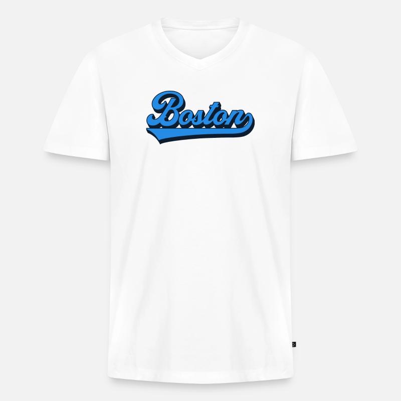 Boston Blau Script Retro - Männer Premium Bio T-Shirt mit V-Ausschnitt - Weiß