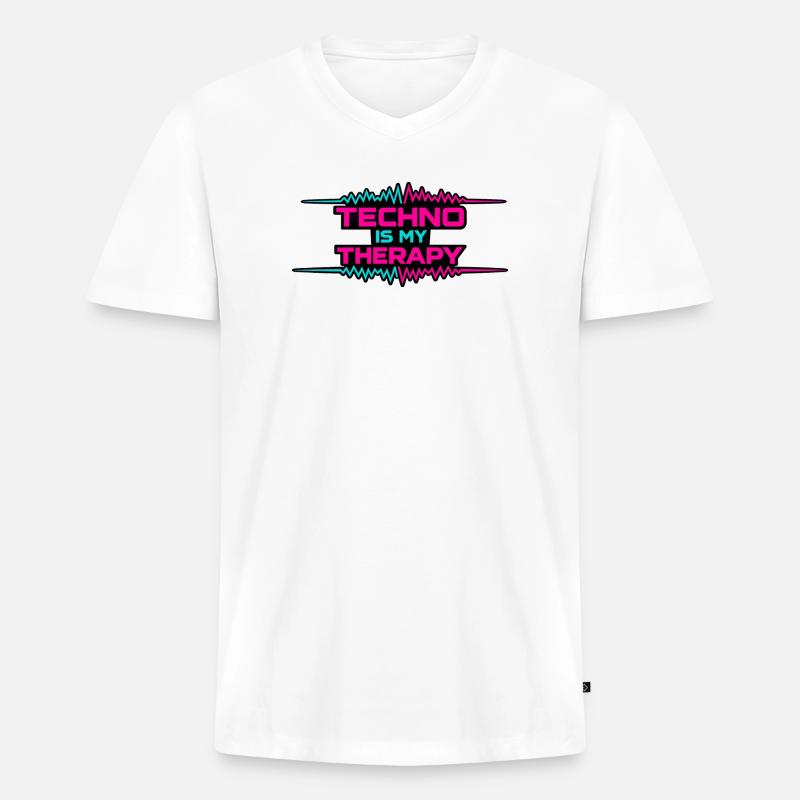 Techno Therapy Neon Pulse - Männer Premium Bio T-Shirt mit V-Ausschnitt - Weiß