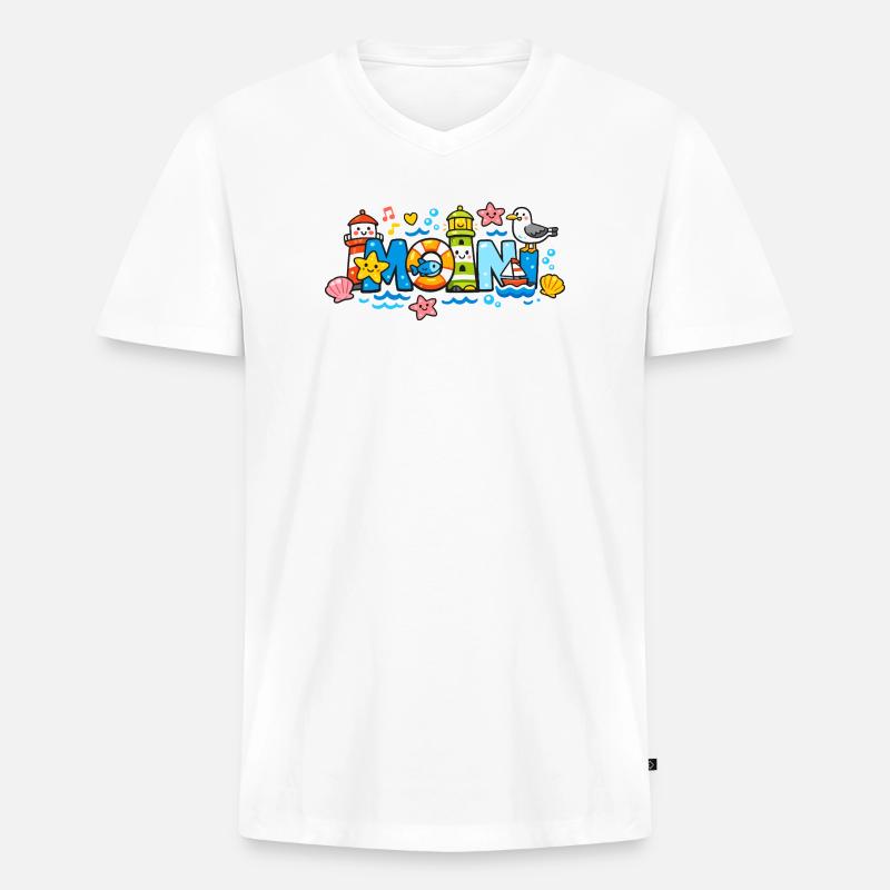 MOIN Möwe Leuchtturm Maritim Bunt - Männer Premium Bio T-Shirt mit V-Ausschnitt - Weiß