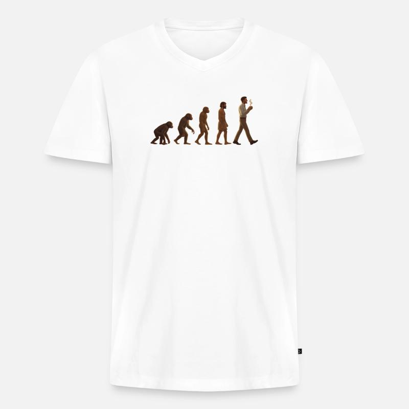 Evolutionsreise: Von Affe zu kaffeetrinkenden Mann - Männer Premium Bio T-Shirt mit V-Ausschnitt - Weiß