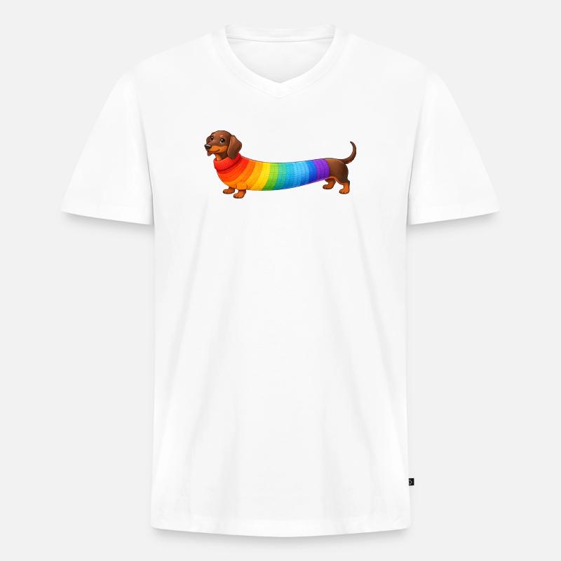Teckel avec un pull arc-en-ciel - T-shirt encolure en V Premium bio Homme - blanc
