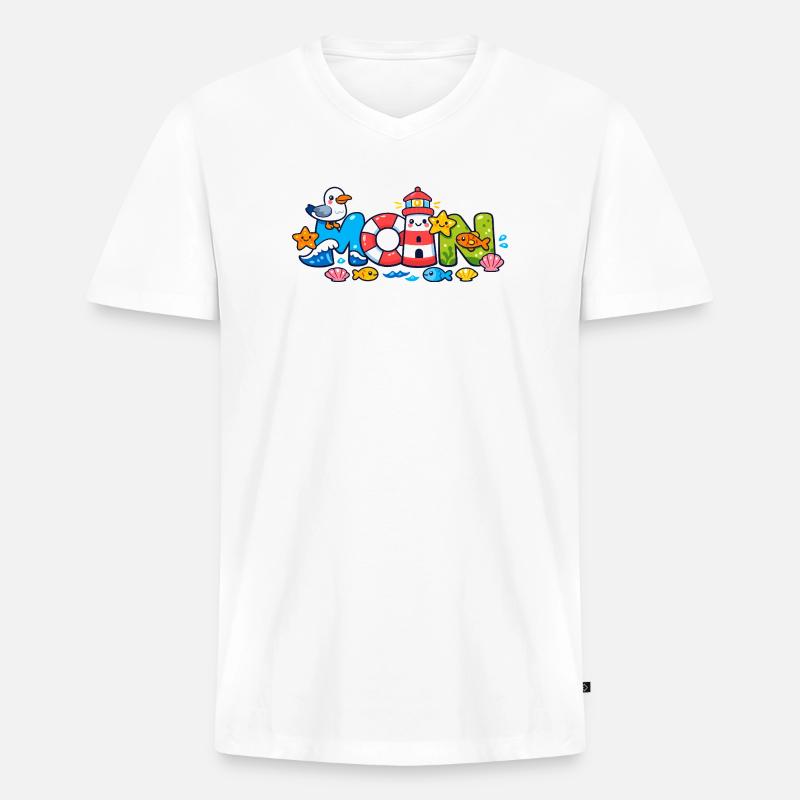 MOIN Möwe Leuchtturm Maritim Bunt - Männer Premium Bio T-Shirt mit V-Ausschnitt - Weiß
