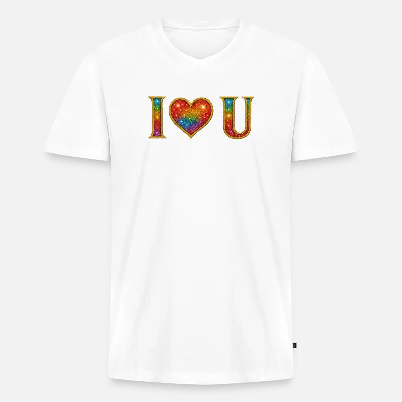 Ich liebe dich | Regenbogen-Glitzer-Herz-Liebes-Design - Männer Premium Bio T-Shirt mit V-Ausschnitt - Weiß