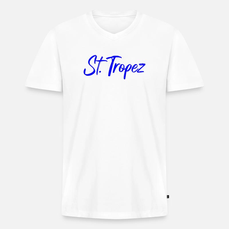 St Tropez Küstenflair Blau Script - Männer Premium Bio T-Shirt mit V-Ausschnitt - Weiß