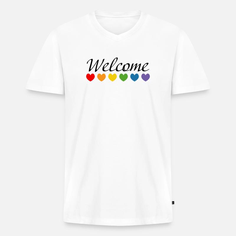 Regenbogenherzchen Welcome schwarz - Männer Premium Bio T-Shirt mit V-Ausschnitt - Weiß