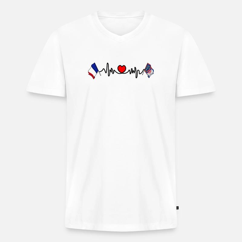 Flaggen links/rechts + Herzschlag mit Herz - Männer Premium Bio T-Shirt mit V-Ausschnitt - Weiß