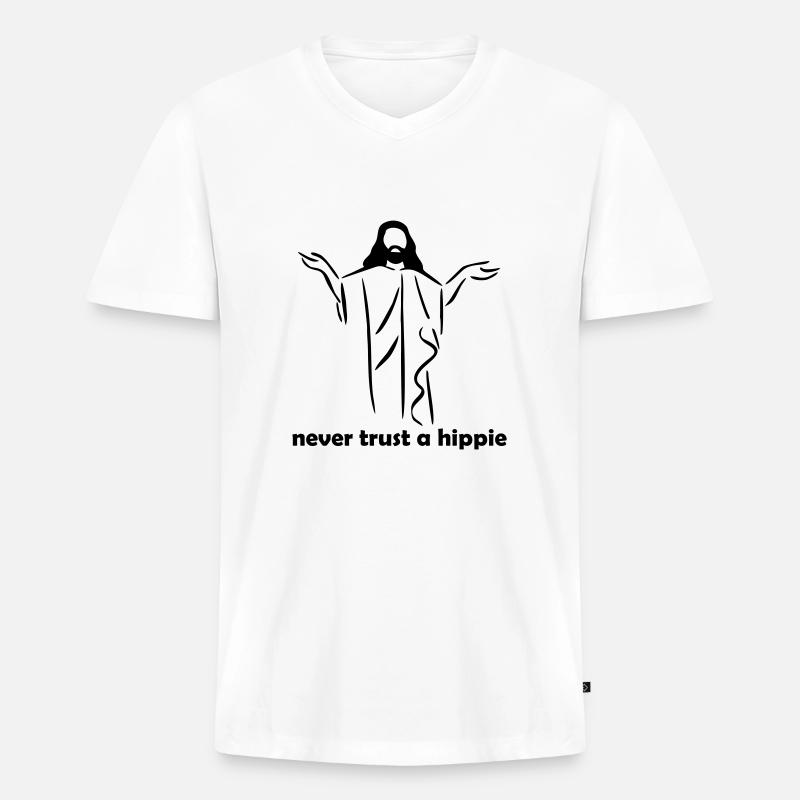 Never trust a Hippie - Männer Premium Bio T-Shirt mit V-Ausschnitt - Weiß